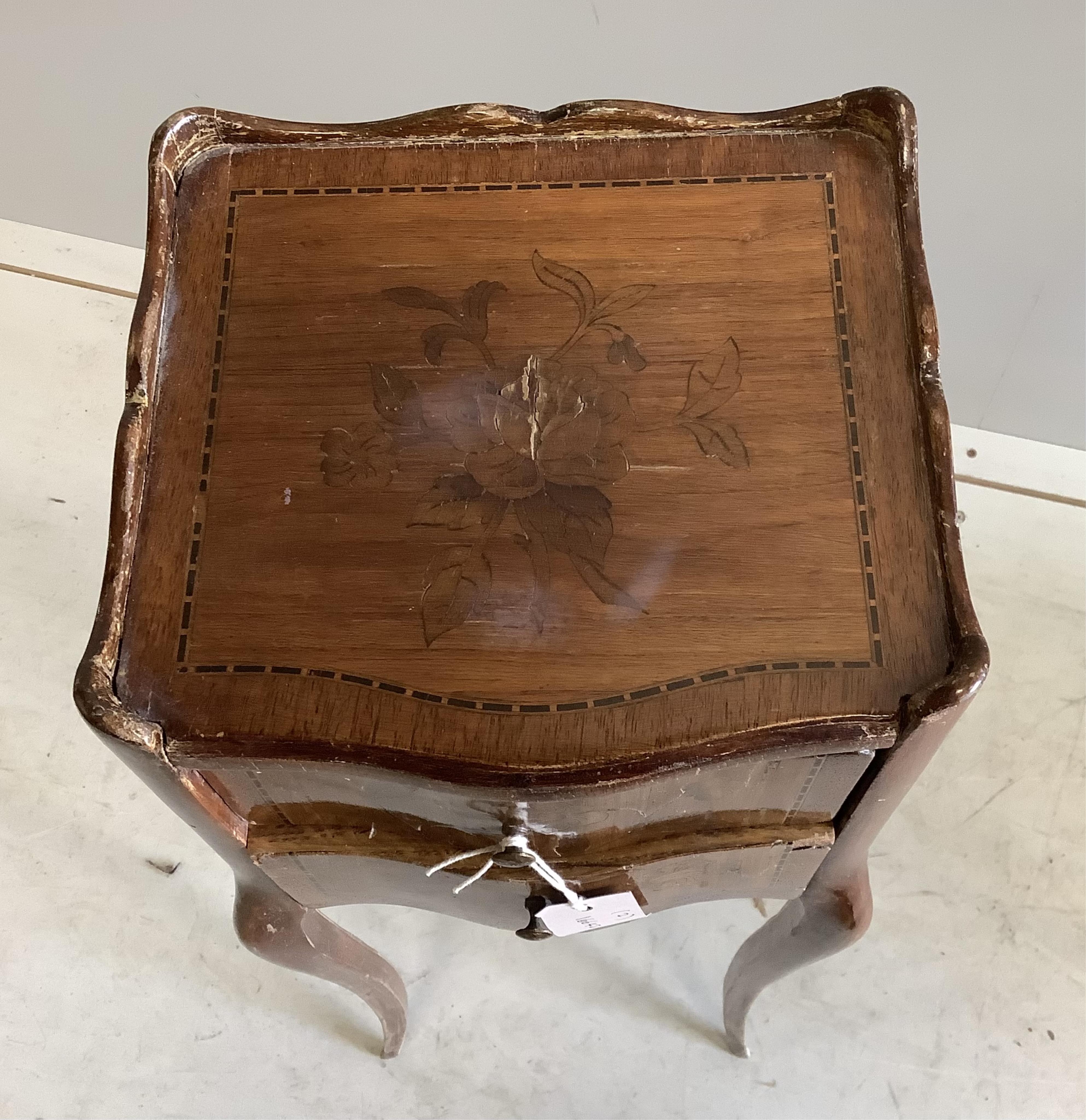 A 19th century French marquetry inlaid and gilt metal mounted kingwood two tier occasional table, width 52cm, depth 37cm, height 72cm together with a small French inlaid kingwood bedside chest. Condition - poor to fair